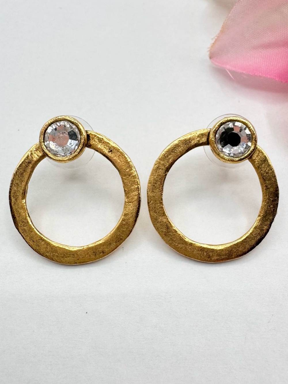Julio Designs Brutalist Doorknocker Earrings Matte Gold Tone Rhinestone Signed